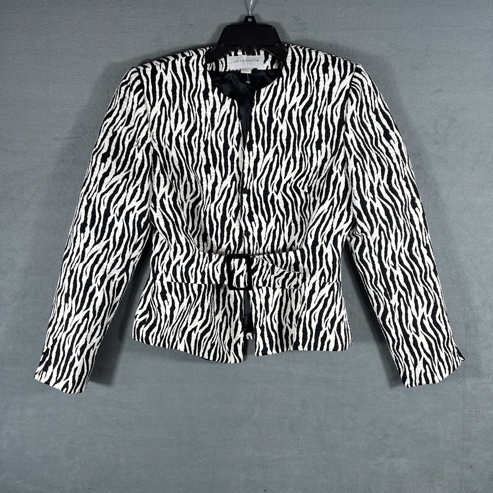 Liz Claiborne Women's Zebra Print Belted Blazer Jacket Black White Size 10 Lined